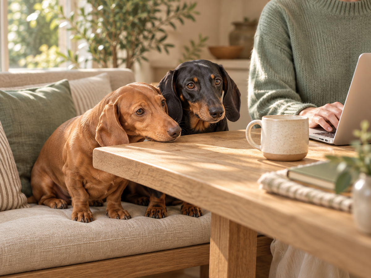 Los dos teckels de CrossingPets junto a una persona que utiliza un portátil, en un espacio acogedor de tonos beige y verde salvia.