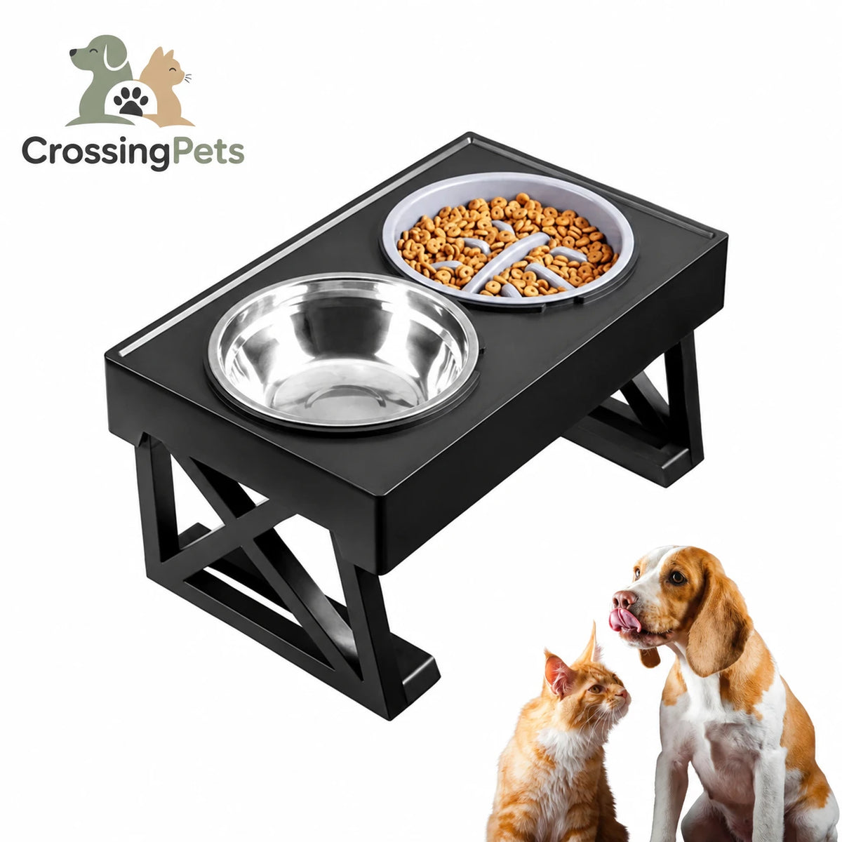 Cuenco elevado con recipiente de acero y alimentación lenta — CrossingPets
