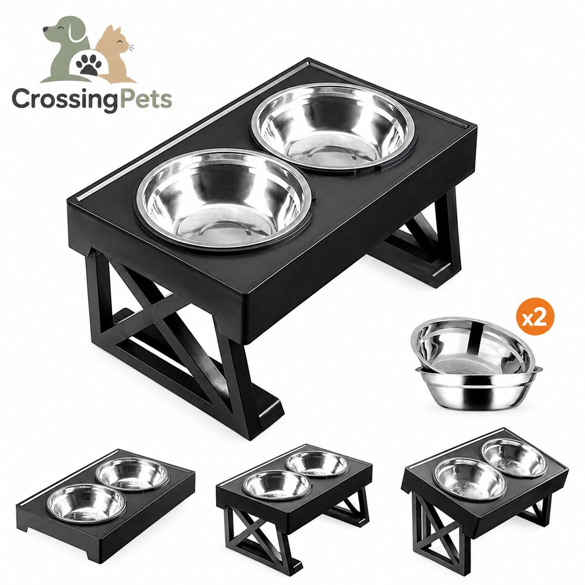 Cuenco elevado ajustable con dos cuencos de acero y tres posiciones — CrossingPets