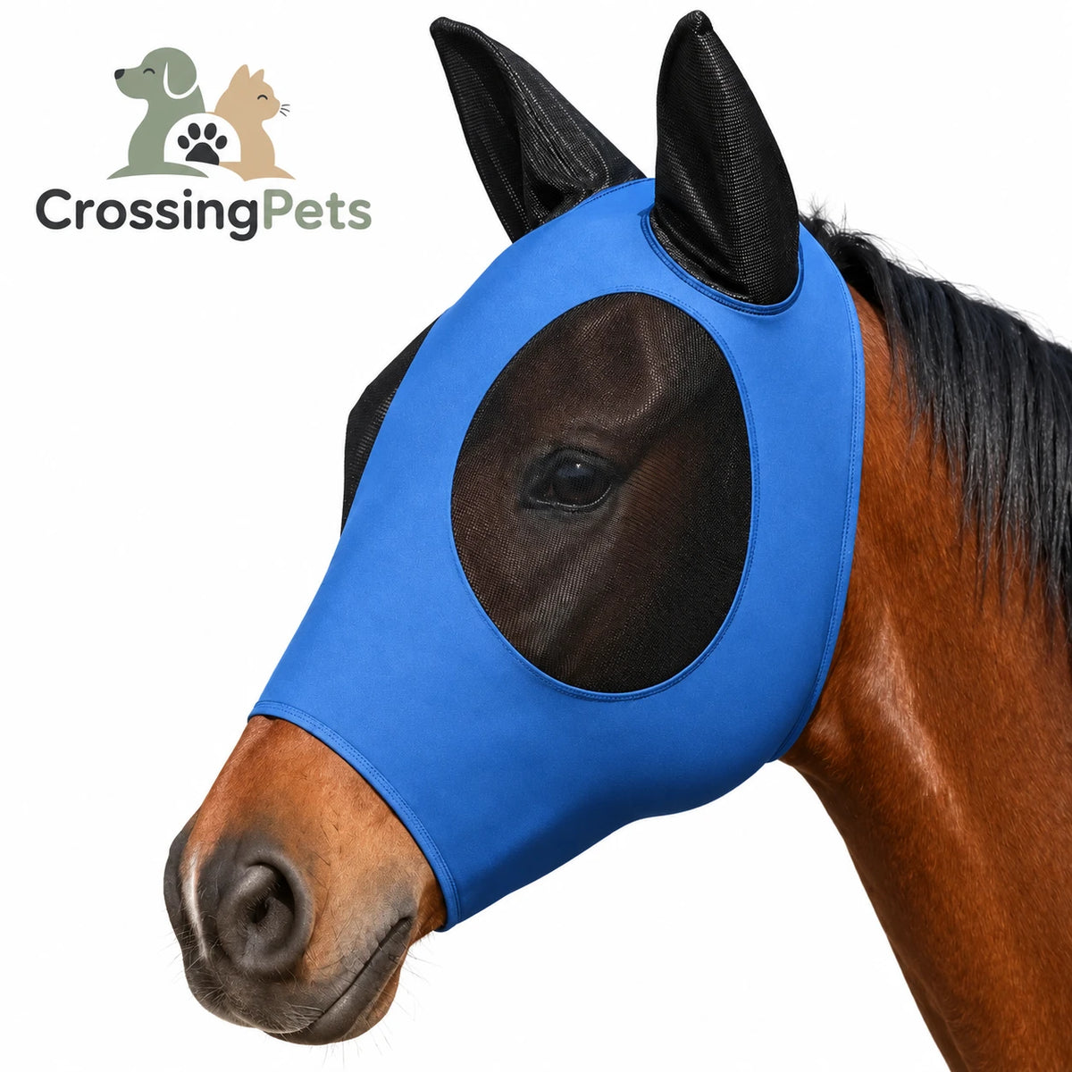 Máscara azul para caballos con protección de malla en ojos y orejas, CrossingPets.
