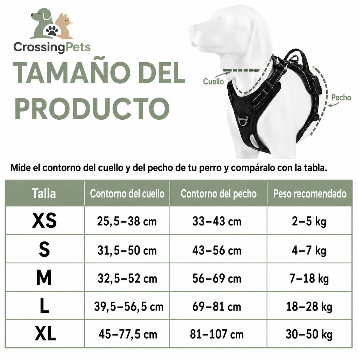 Tabla de tallas XS a XL del arnés ajustable Truelove — CrossingPets