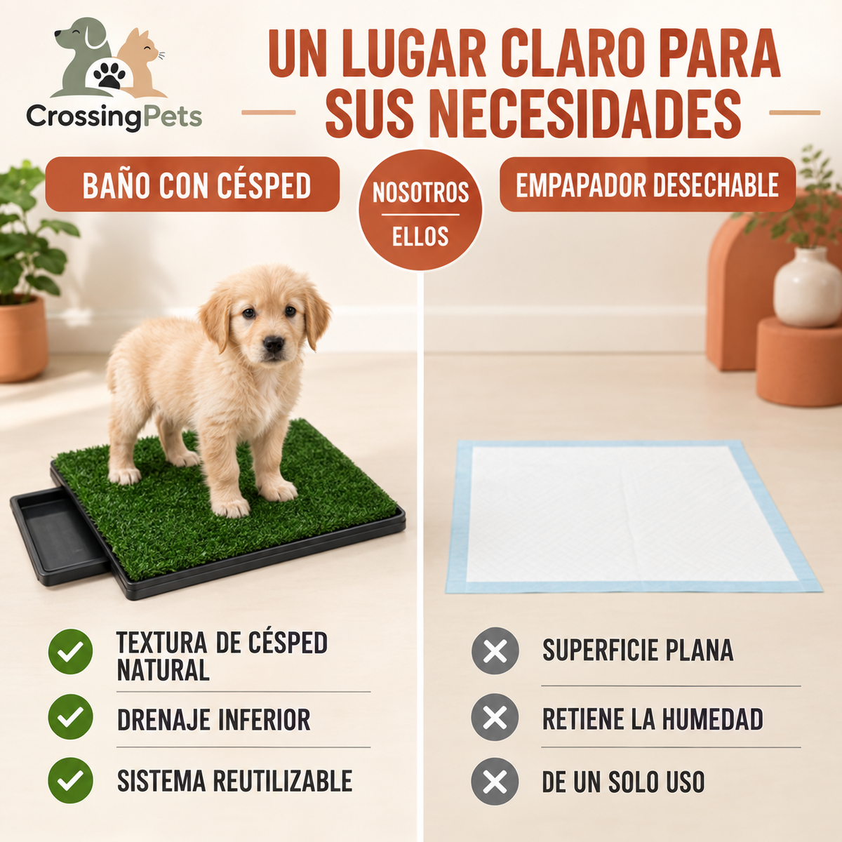 Inodoro para perros de césped artificial para interiores con bandeja extraíble
