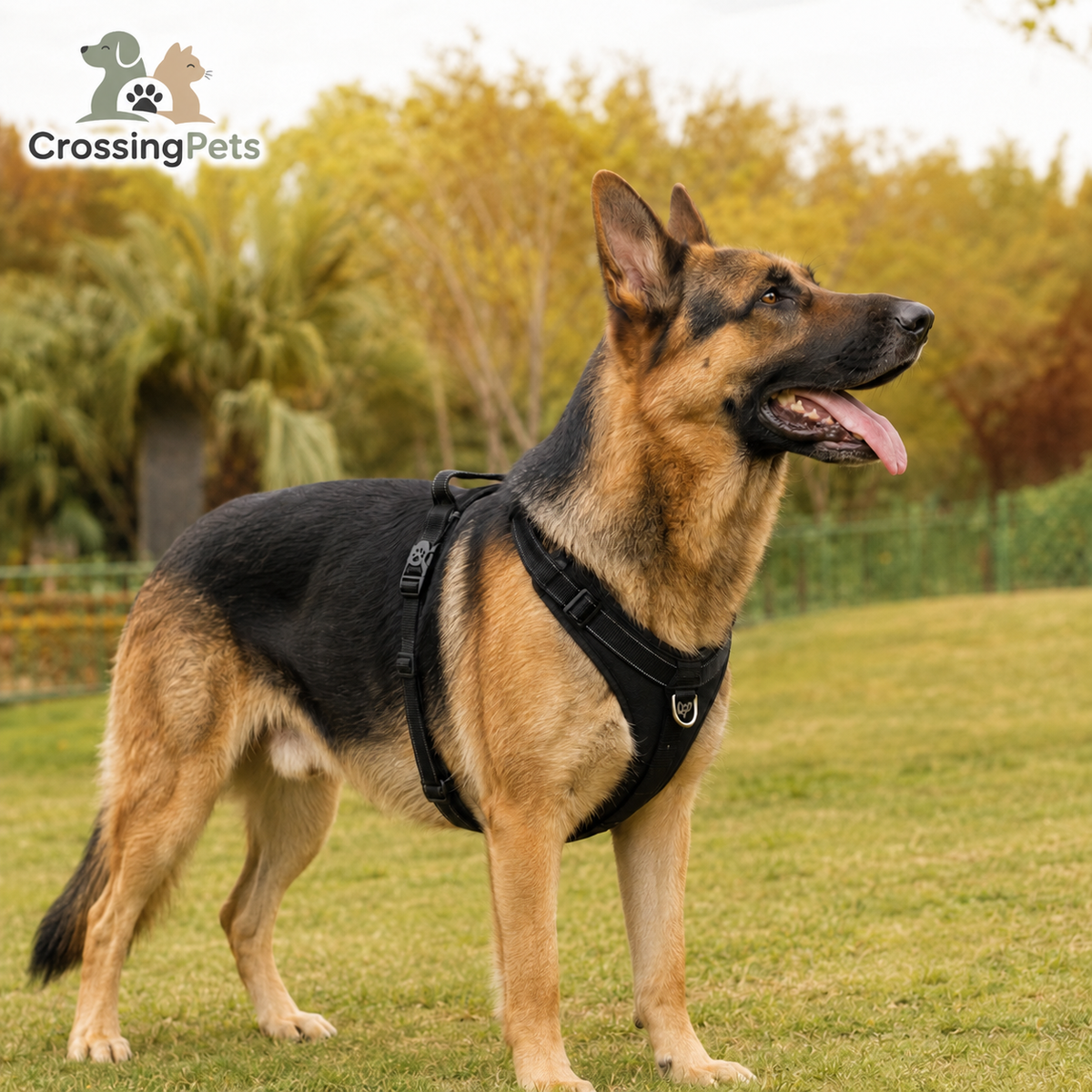 Pastor alemán con arnés ajustable negro en el parque — CrossingPets