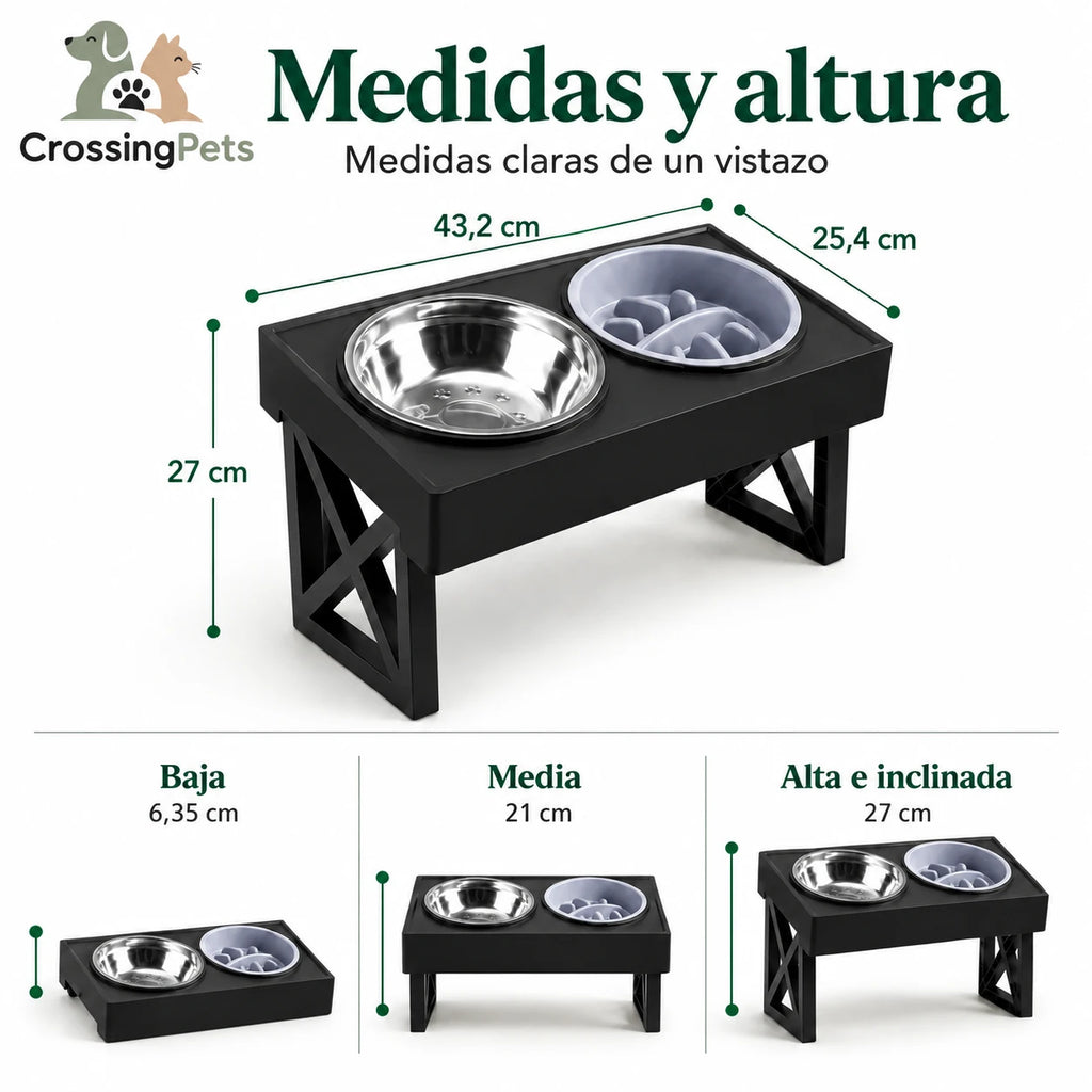 Medidas y alturas del cuenco elevado ajustable — CrossingPets
