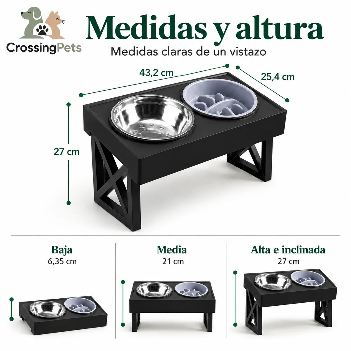 Medidas y alturas del cuenco elevado ajustable — CrossingPets