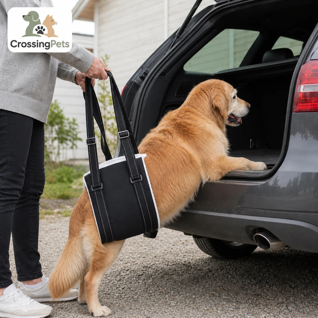 DogHalo-Hebegeschirr für die Hinterhand von Hunden - Bild 5 mit spanischem Text und dem CrossingPets-Logo