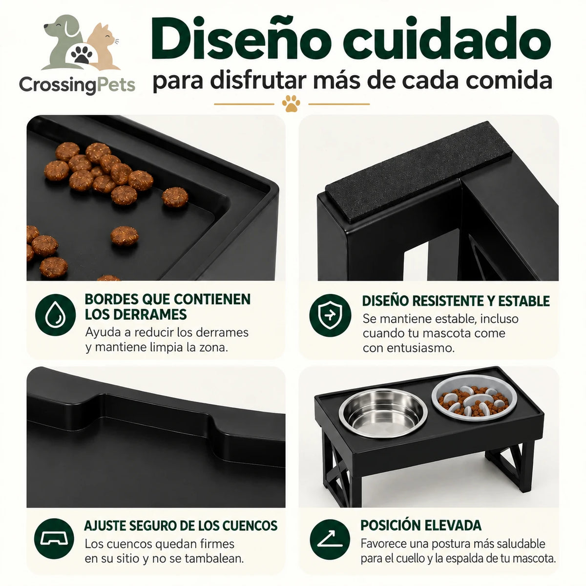 Detalles del diseño del cuenco elevado ajustable — CrossingPets