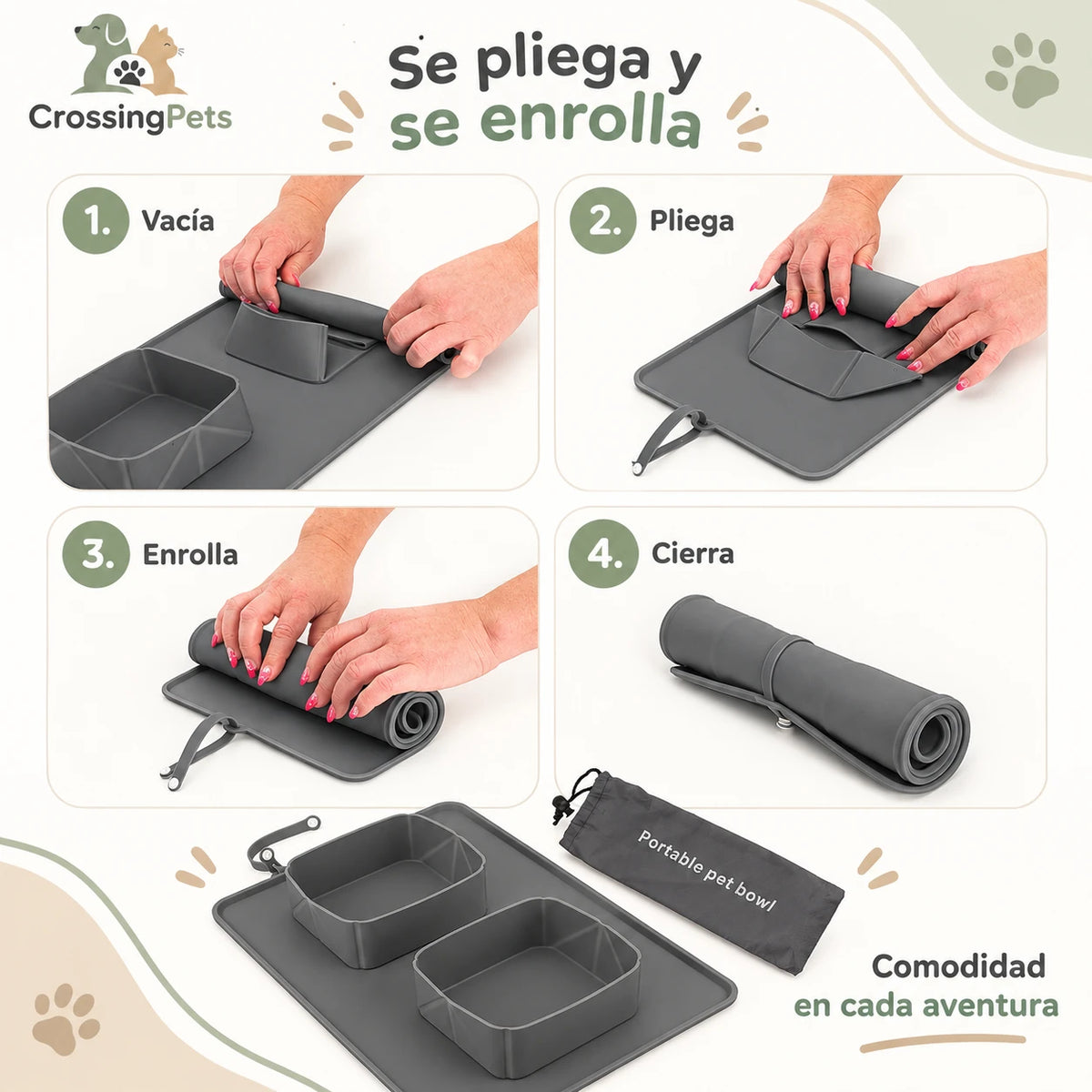 Comedero doble plegable de silicona con bolsa — CrossingPets · imagen 4