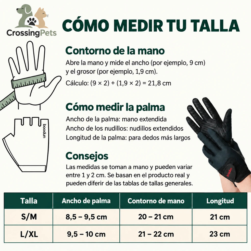 Guía de medidas en español de los guantes Boodun CrossingPets, tallas S/M y L/XL.
