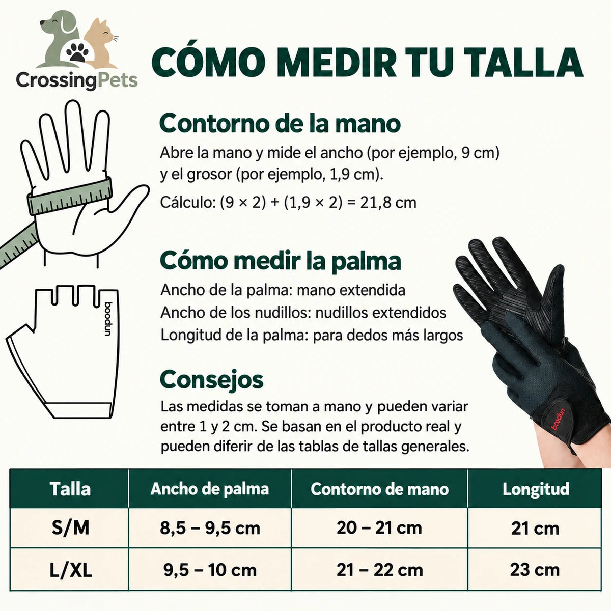 Guía de medidas en español de los guantes Boodun CrossingPets, tallas S/M y L/XL.