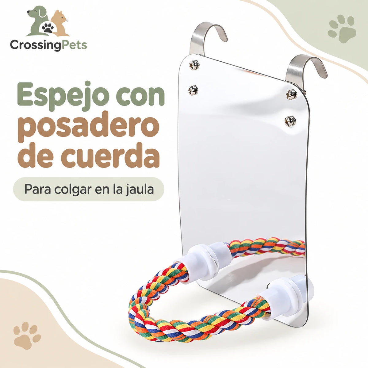 Espejo para aves con posadero de cuerda multicolor — CrossingPets · imagen 1