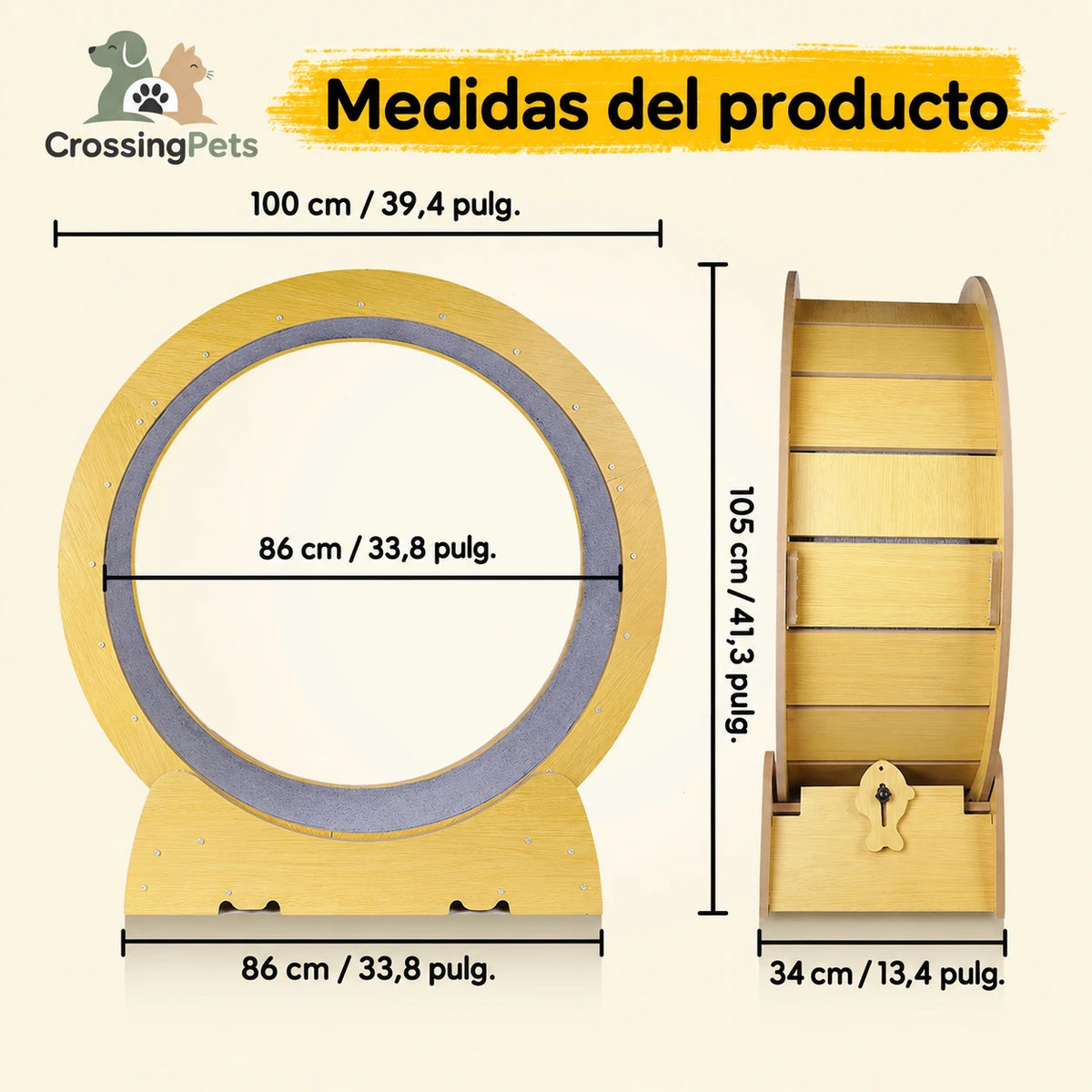 Measurements of the cat exercise wheel: 100 cm outer diameter and 105 cm height, with CrossingPets logo.