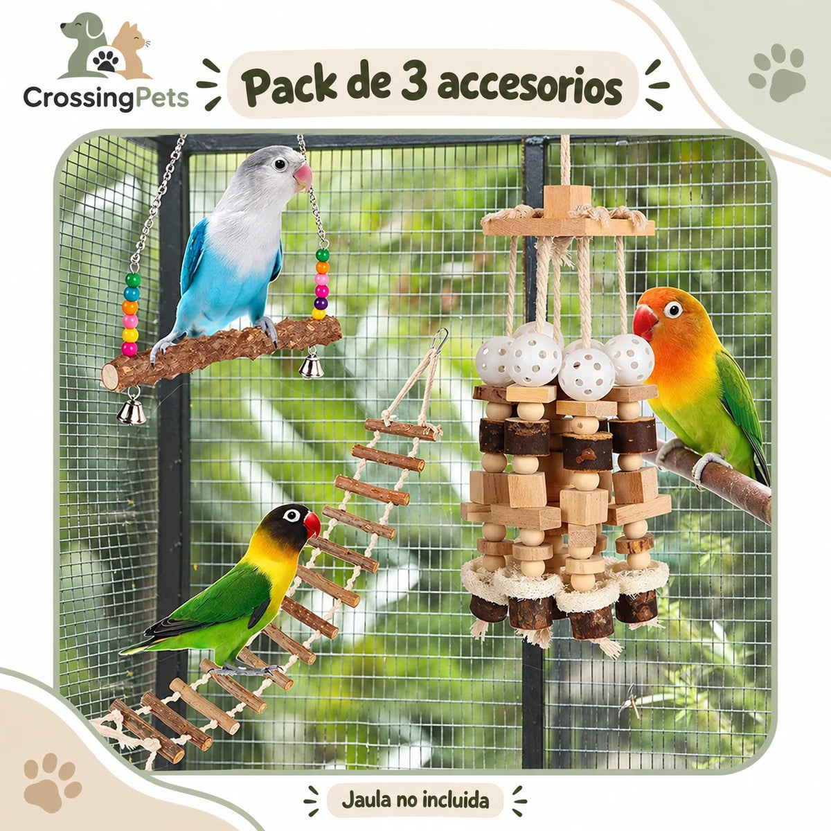 Pack de 3 accesorios de madera para aves con escalera y columpio — CrossingPets · imagen 3