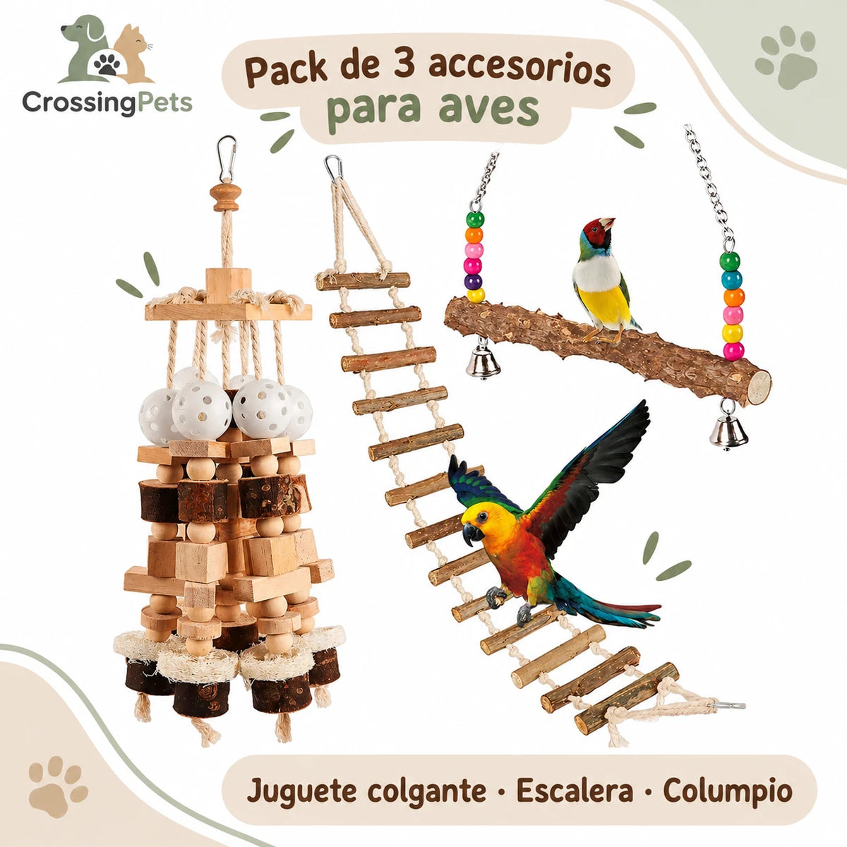 Pack de 3 accesorios de madera para aves con escalera y columpio — CrossingPets · imagen 1