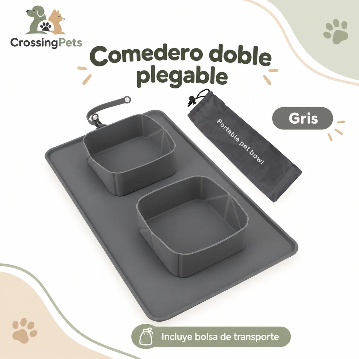 Comedero doble plegable de silicona con bolsa — CrossingPets · imagen 1