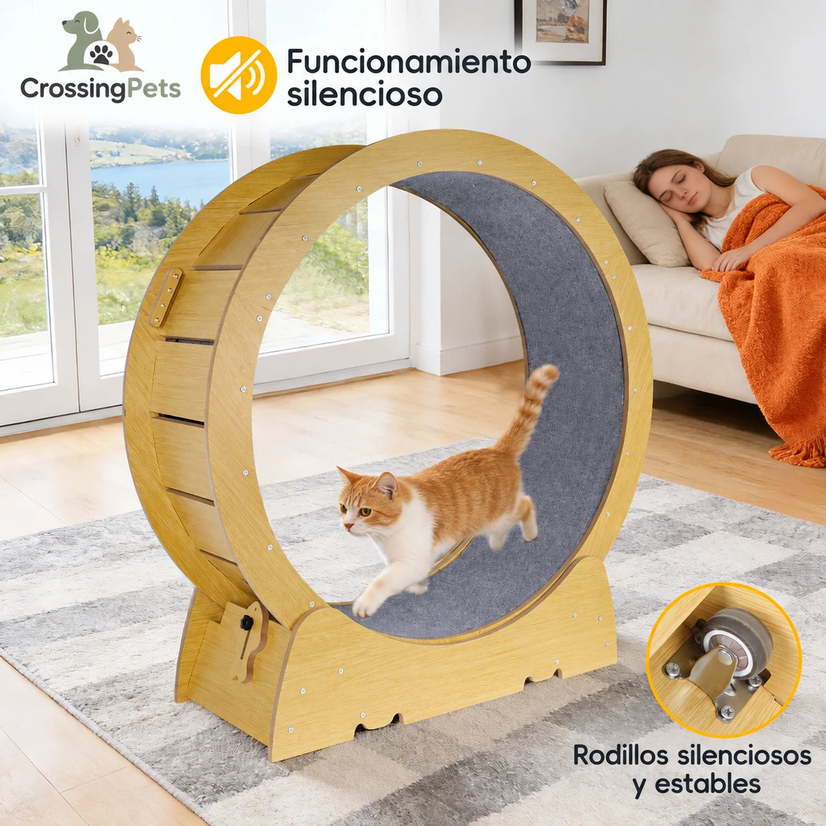 Cat exercise wheel with quiet, stable rollers, with description in Spanish.