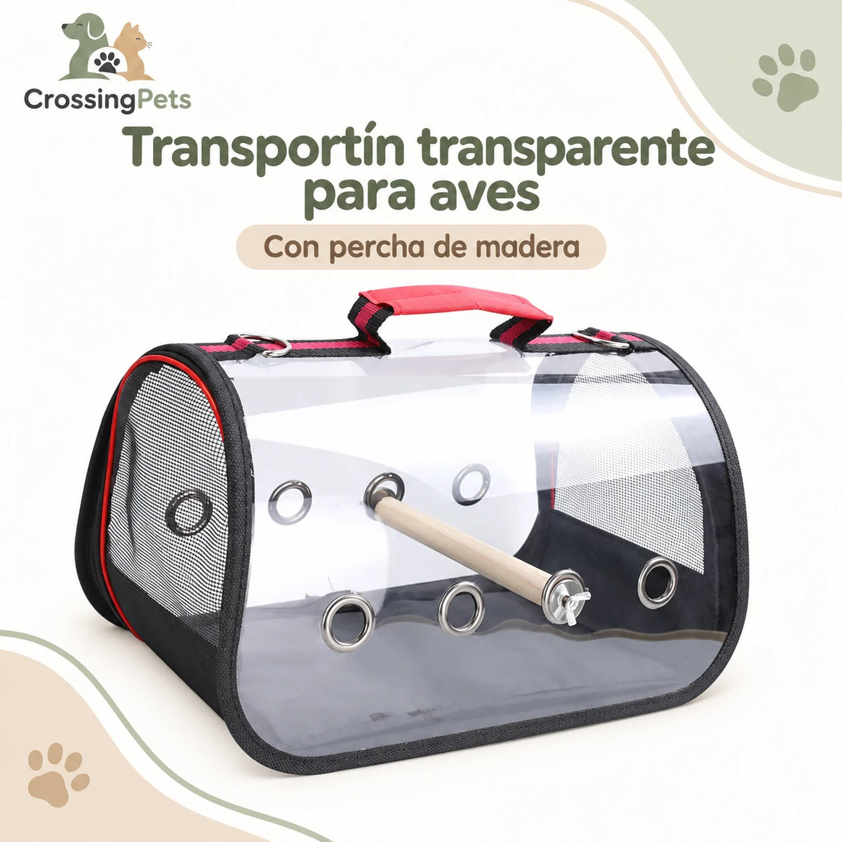 Transportín transparente para aves con percha de madera — CrossingPets · imagen 1