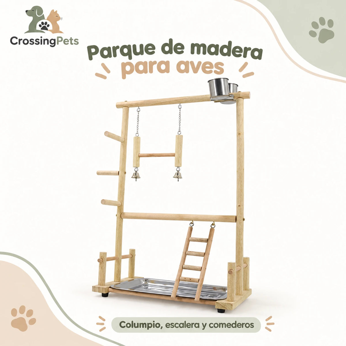 Parque de madera para aves con columpio, escalera y comederos — CrossingPets · imagen 1