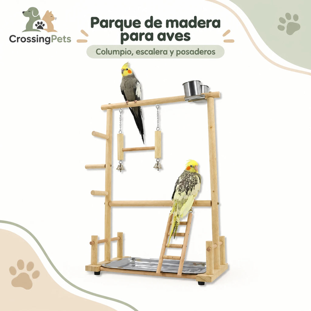 Parque de madera para aves con columpio y escalera — CrossingPets · imagen 1