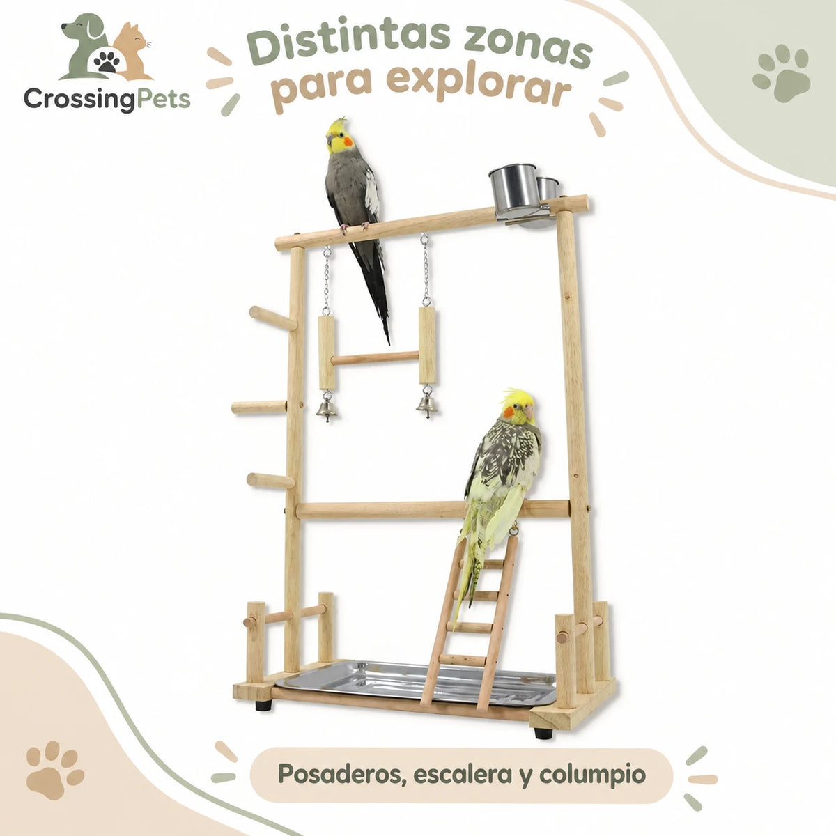 Parque de madera para aves con columpio, escalera y comederos — CrossingPets · imagen 3