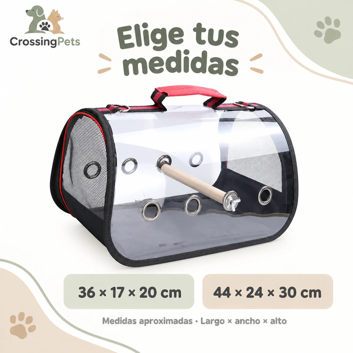 Transportín transparente para aves con percha de madera — CrossingPets · imagen 6