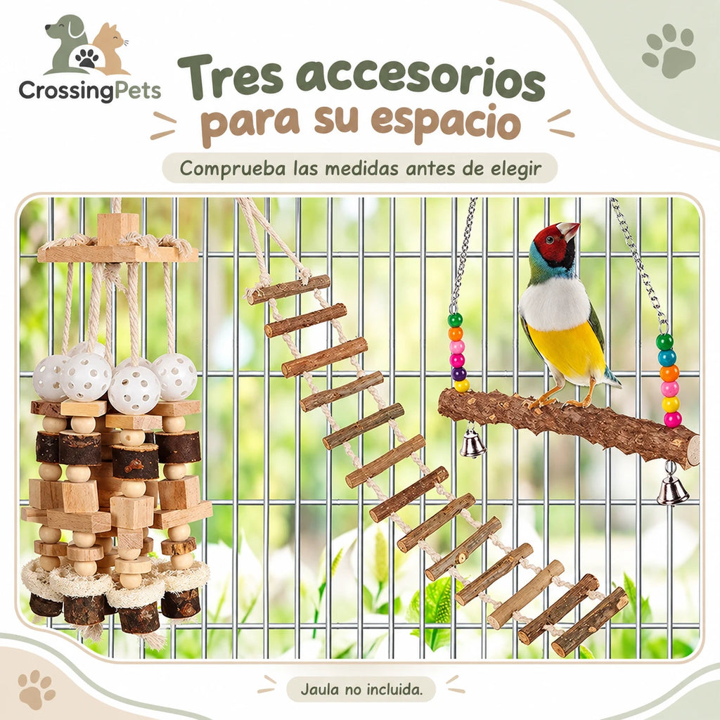 Pack de 3 accesorios de madera para aves con escalera y columpio — CrossingPets · imagen 2