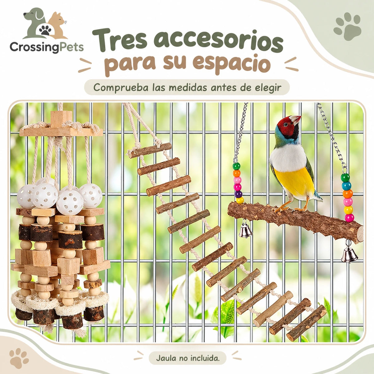 Pack de 3 accesorios de madera para aves con escalera y columpio — CrossingPets · imagen 2