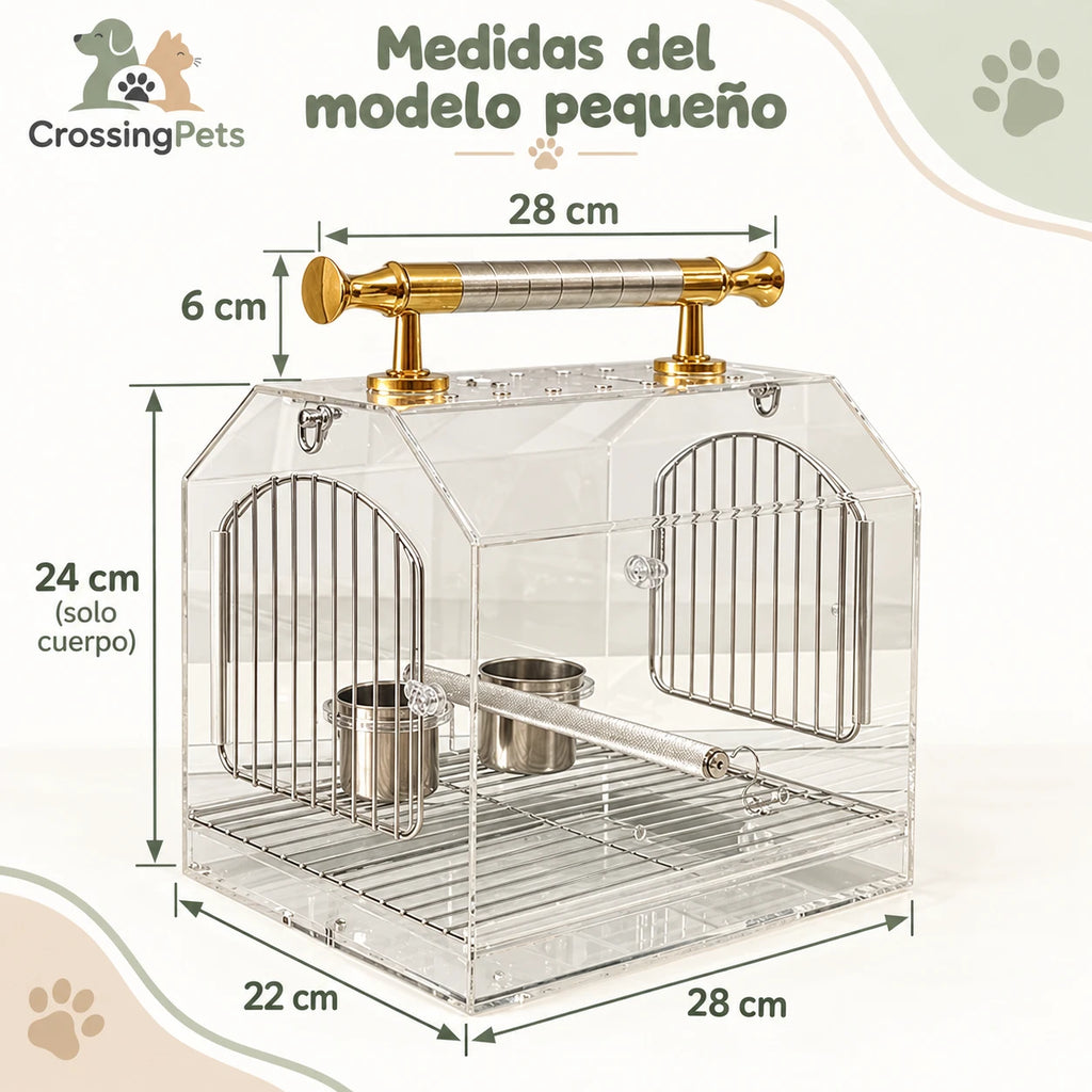 Jaula acrílica para aves con asa, posadero y comederos — CrossingPets · imagen 8
