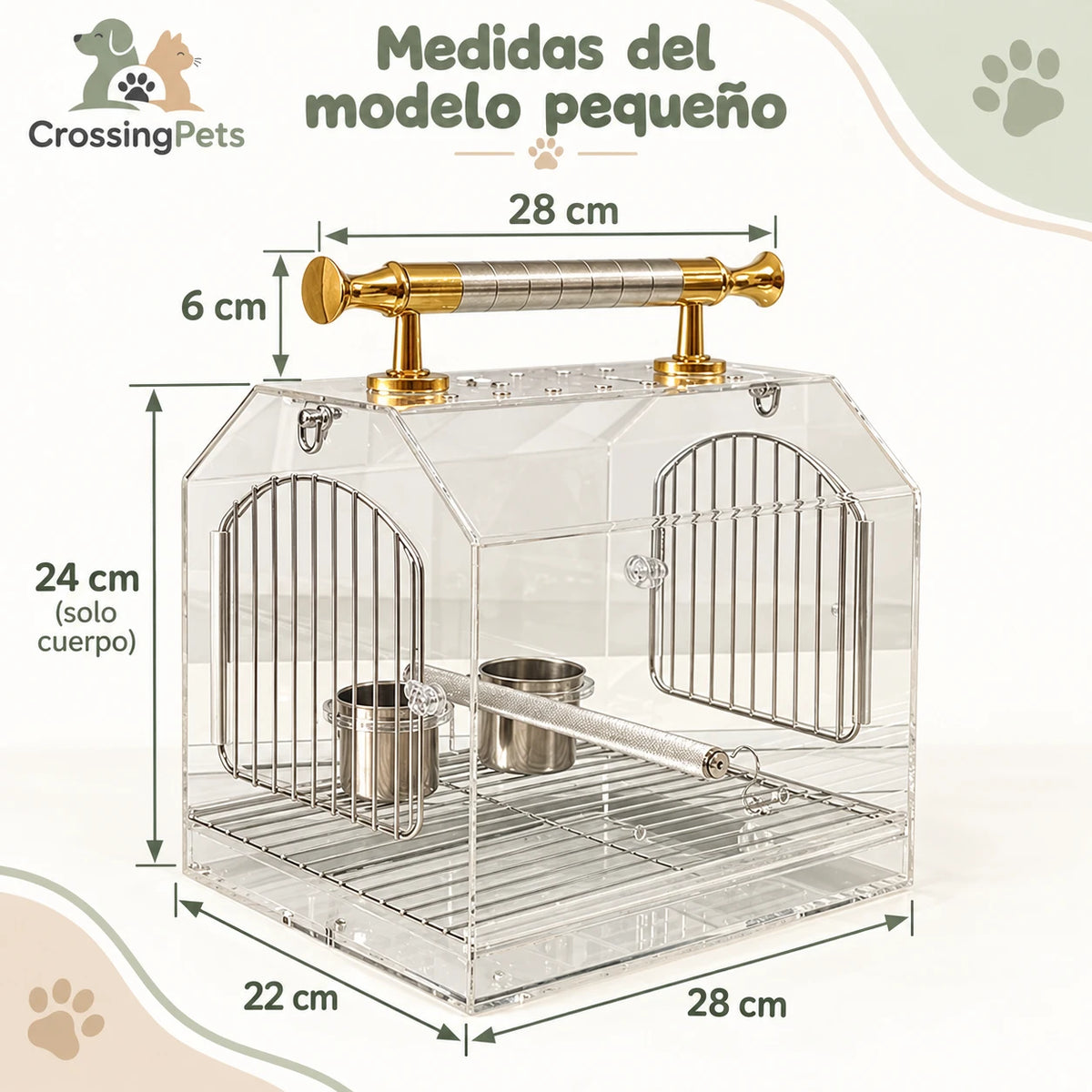 Jaula acrílica para aves con asa, posadero y comederos — CrossingPets · imagen 8