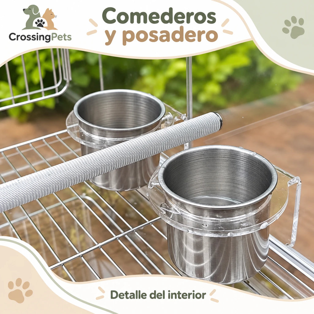 Jaula acrílica para aves con asa, posadero y comederos — CrossingPets · imagen 6