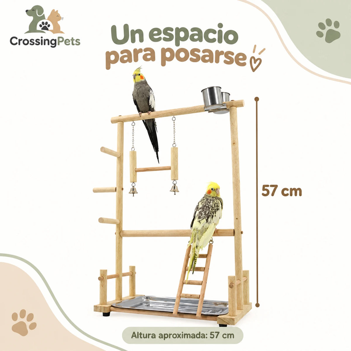 Parque de madera para aves con columpio, escalera y comederos — CrossingPets · imagen 2