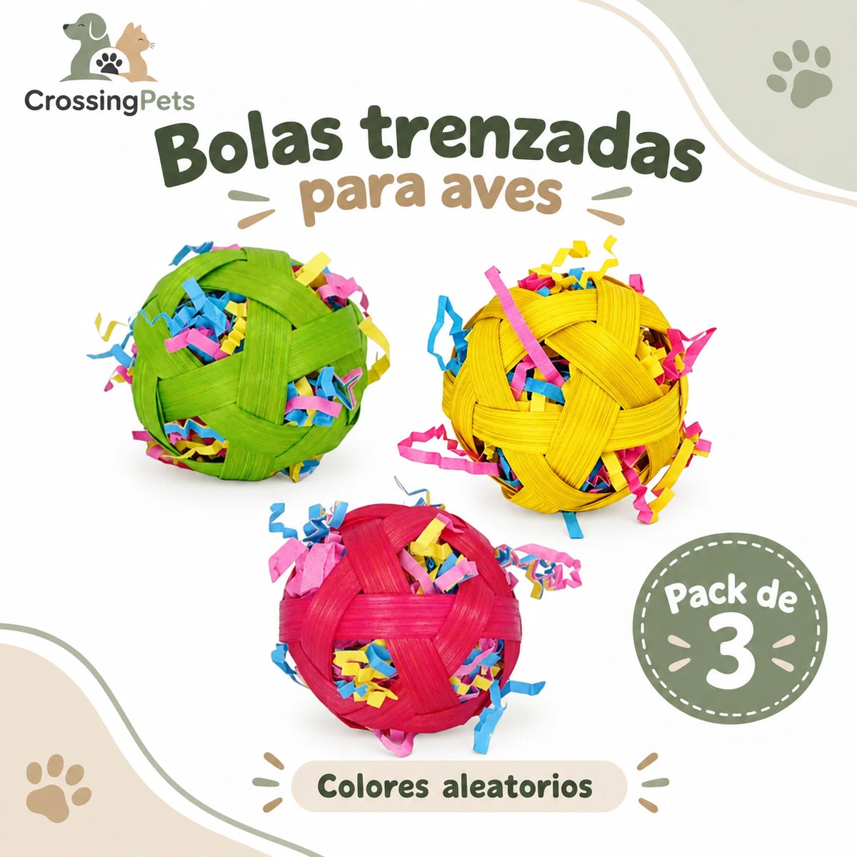 Bolas trenzadas con papel para aves · Pack de 3 — CrossingPets · imagen 1