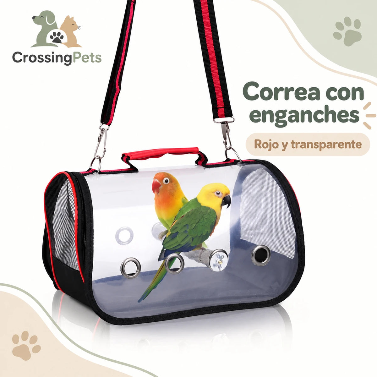 Transportín transparente para aves con percha de madera — CrossingPets · imagen 5