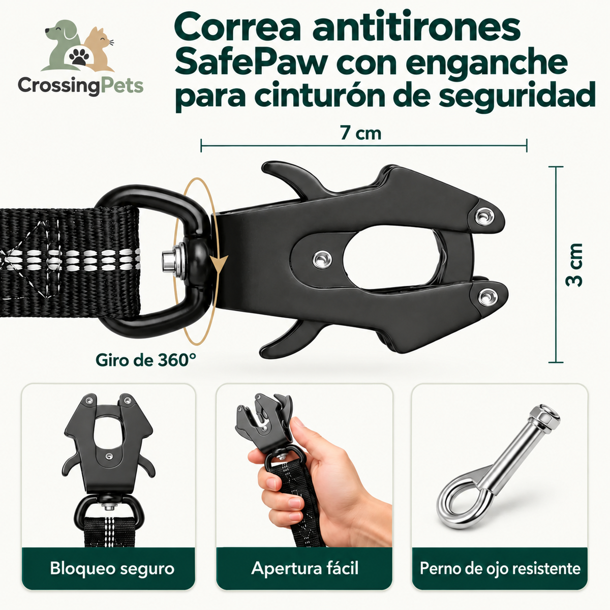 Correa antitirones SafePaw con enganche para cinturón de seguridad — imagen 3 — CrossingPets