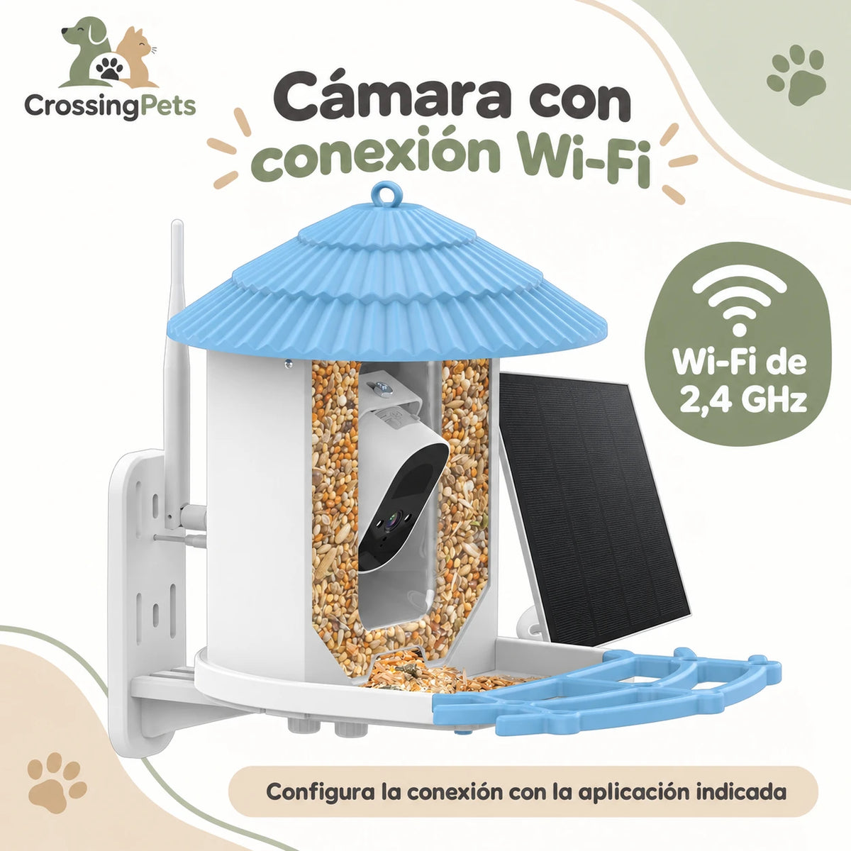 Comedero azul de 2 L con cámara Wi-Fi y panel solar — CrossingPets · imagen 2