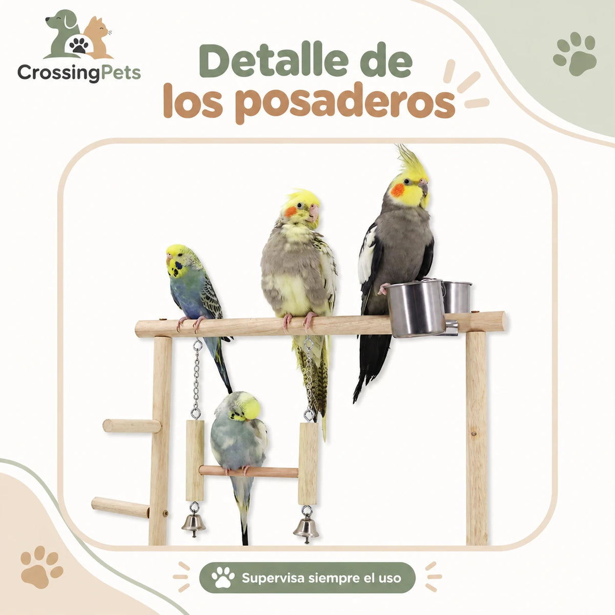 Parque de madera para aves con columpio, escalera y comederos — CrossingPets · imagen 5