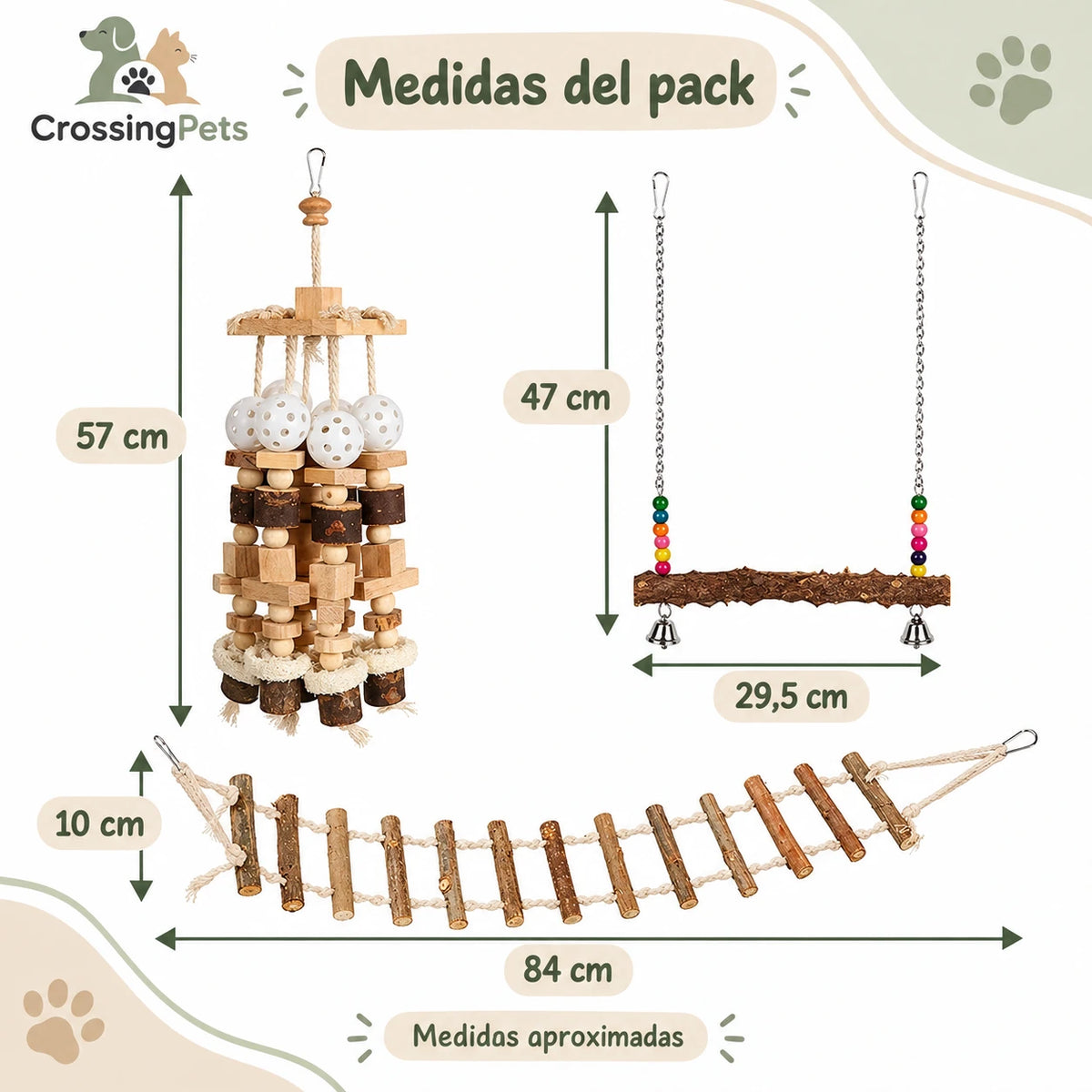 Pack de 3 accesorios de madera para aves con escalera y columpio — CrossingPets · imagen 6