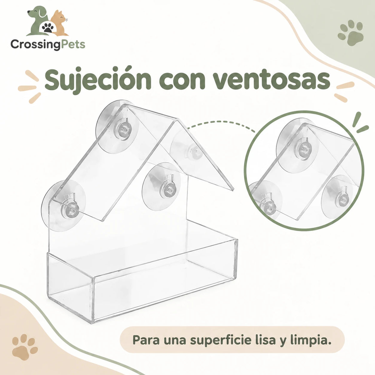 Comedero transparente para aves con ventosas — CrossingPets · imagen 2