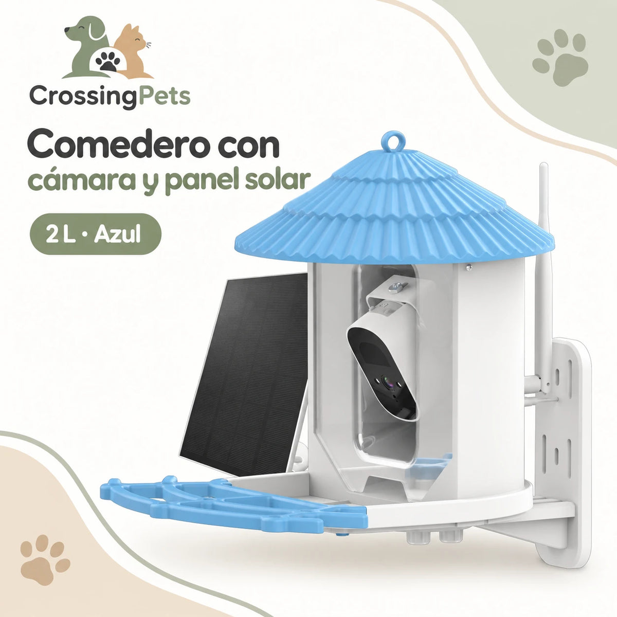 Comedero azul de 2 L con cámara Wi-Fi y panel solar — CrossingPets · imagen 1