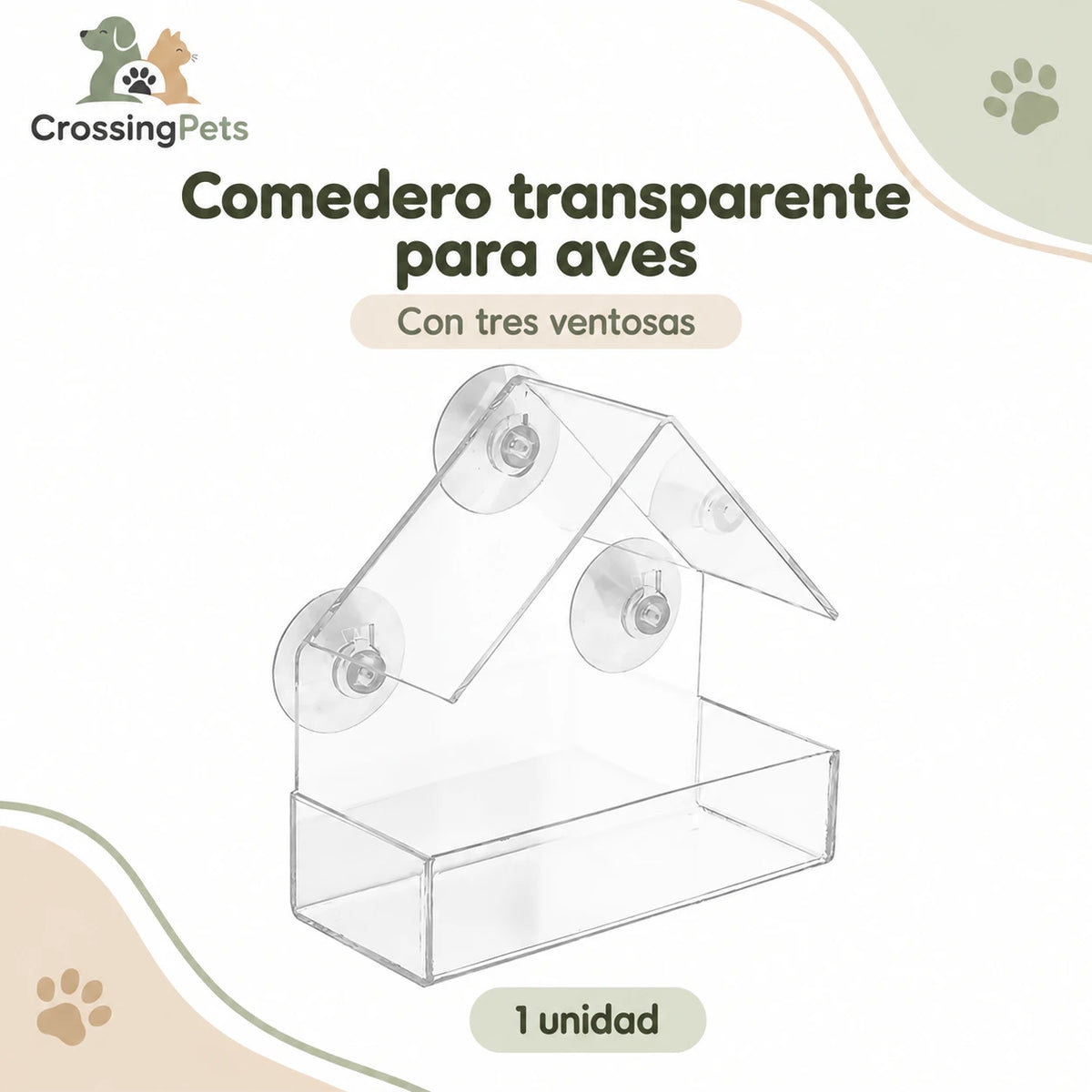 Comedero transparente para aves con ventosas — CrossingPets · imagen 1
