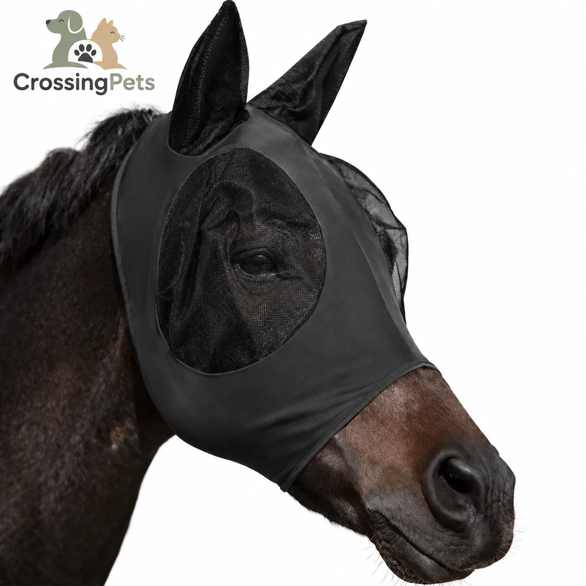 Máscara negra para caballos con malla en ojos y orejas y logo CrossingPets.