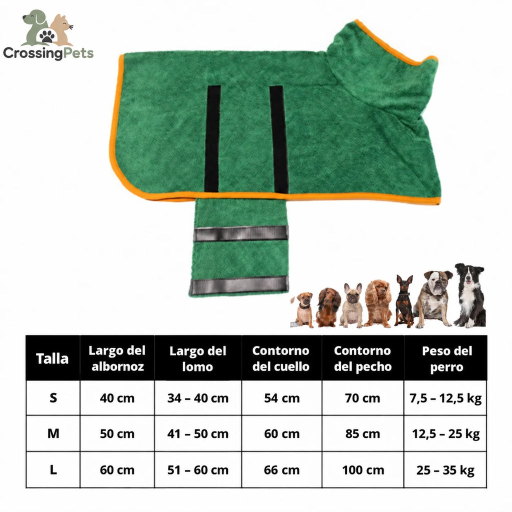 Tabla de tallas del albornoz para perros CrossingPets, en español