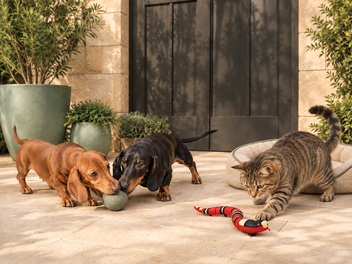 Dos teckels de CrossingPets jugando con una pelota verde y un gato atigrado jugando con una serpiente de juguete roja, en un patio beige con macetas verde salvia