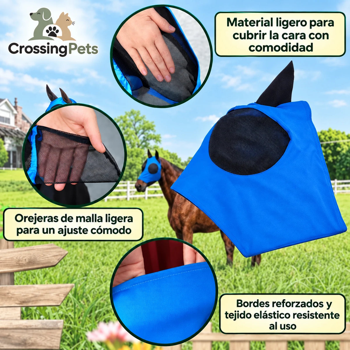 Pferdemaske mit Ohrenschutz CrossingPets — Bild 10 mit spanischem Text