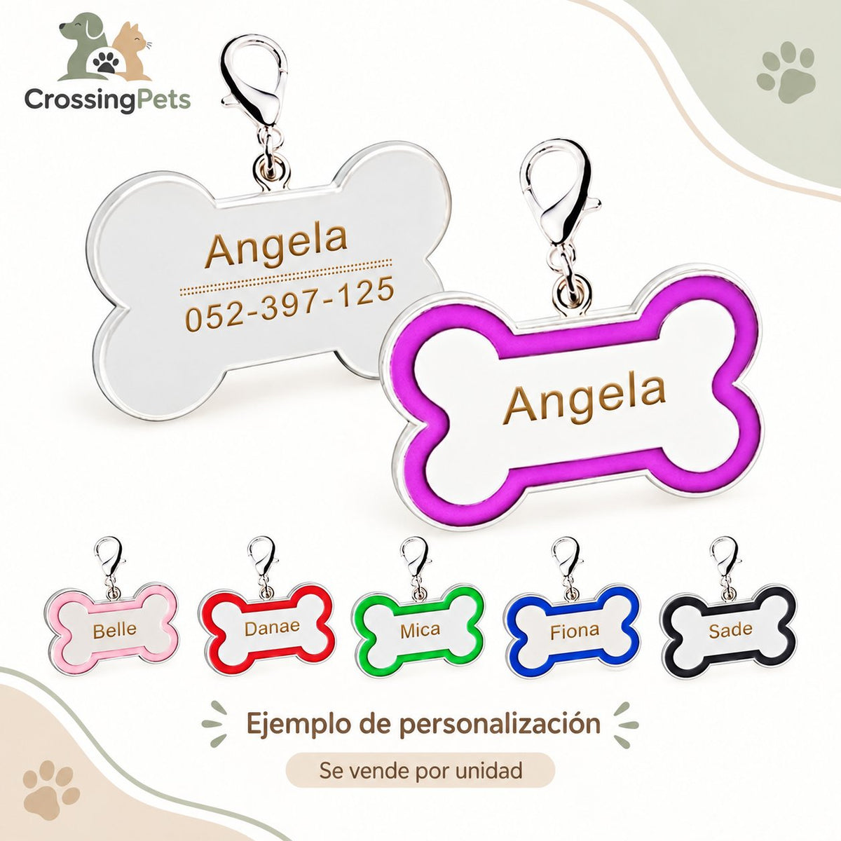 Placa identificativa personalizada con forma de hueso — CrossingPets · imagen 8